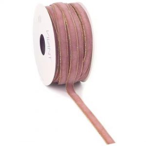Fløyelsbånd med gullkant - 9mm - Mørk rosa (metervare)