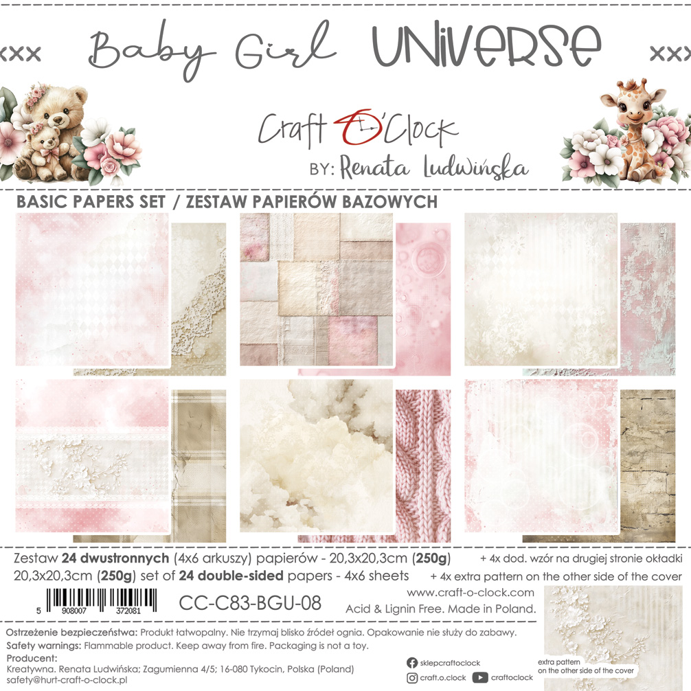 Craft O'Clock | 8x8 Basic Papers Set - Baby Girl Universe